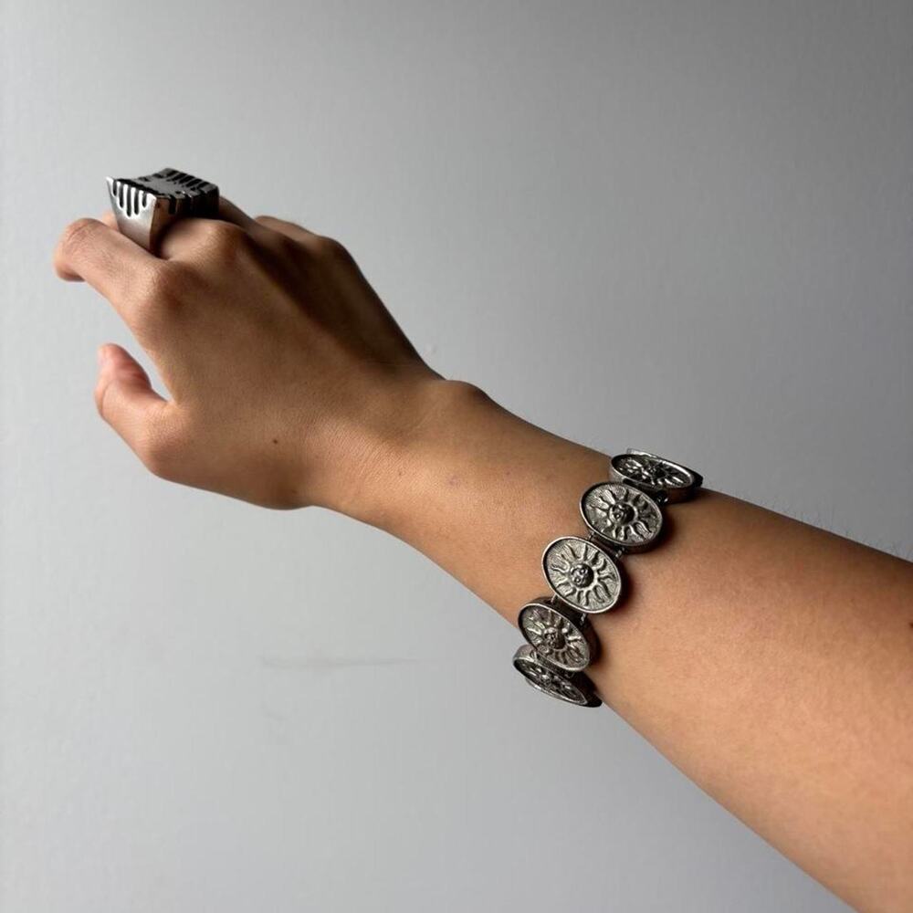 VTG Silver Tone Sun motif embossed Bracelet Boho Statement Jewelry